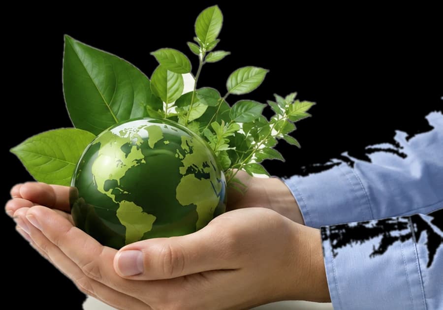 Manos sosteniendo un planeta verde rodeado de follaje