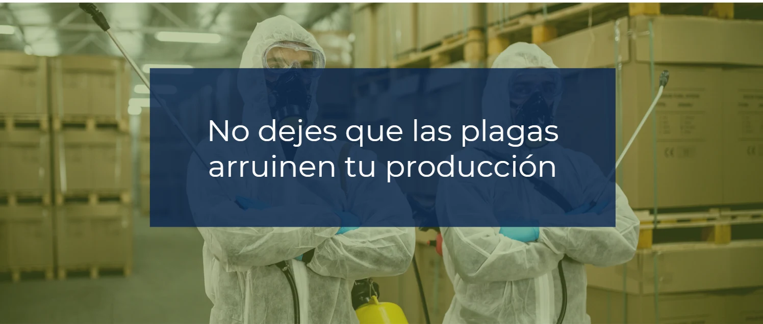 No dejes que las plagas arruinen tu producción — técnicos con equipo de protección en un almacén